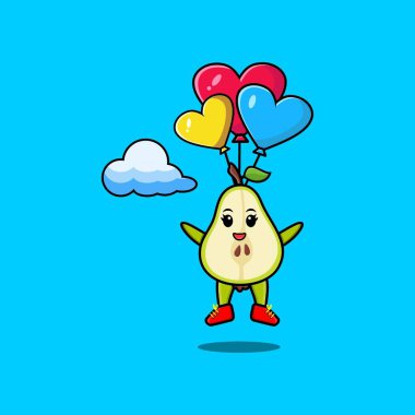 Tatlı çizgi film Armut meyve maskotu balonlu ve mutlu bir jestle paraşütle atlıyor.