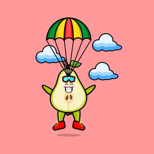 Carino Mascotte Cartone Animato Frutta Pera Paracadutismo Con Paracadute Gesto — Vettoriale Stock