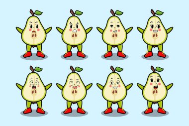 Kawaii armut karikatürünü karikatür yüz vektör çizimlerinin farklı ifadeleriyle ayarla