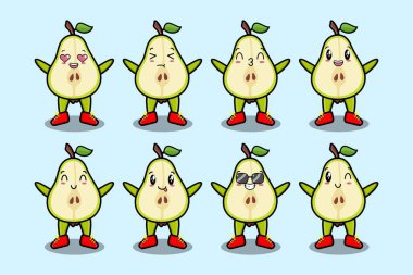 Kawaii armut karikatürünü karikatür yüz vektör çizimlerinin farklı ifadeleriyle ayarla