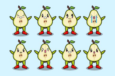 Kawaii armut karikatürünü karikatür yüz vektör çizimlerinin farklı ifadeleriyle ayarla