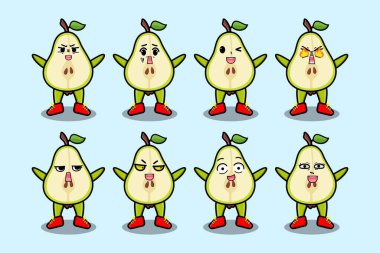 Kawaii armut karikatürünü karikatür yüz vektör çizimlerinin farklı ifadeleriyle ayarla