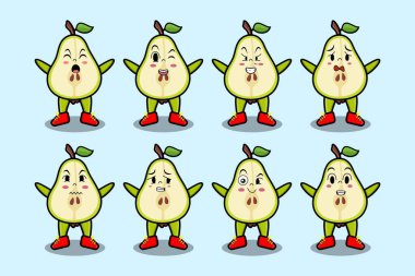 Kawaii armut karikatürünü karikatür yüz vektör çizimlerinin farklı ifadeleriyle ayarla