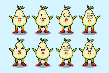 Kawaii armut karikatürünü karikatür yüz vektör çizimlerinin farklı ifadeleriyle ayarla