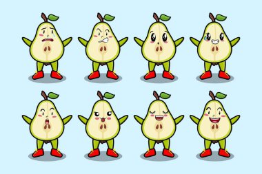 Kawaii armut karikatürünü karikatür yüz vektör çizimlerinin farklı ifadeleriyle ayarla