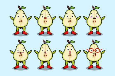 Kawaii armut karikatürünü karikatür yüz vektör çizimlerinin farklı ifadeleriyle ayarla