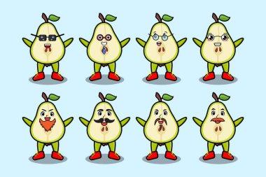 Kawaii armut karikatürünü karikatür yüz vektör çizimlerinin farklı ifadeleriyle ayarla