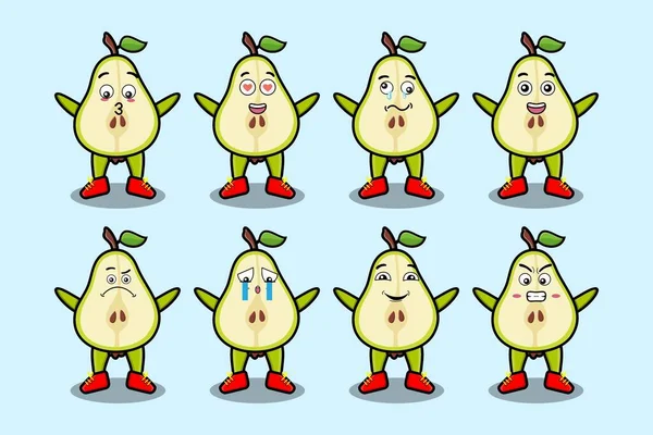 Kawaii armut karikatürünü karikatür yüz vektör çizimlerinin farklı ifadeleriyle ayarla