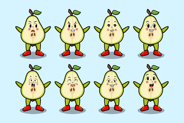 漫画の顔のベクトルイラストの異なる表情でかわいい梨の果物の漫画を設定 — ストックベクタ
