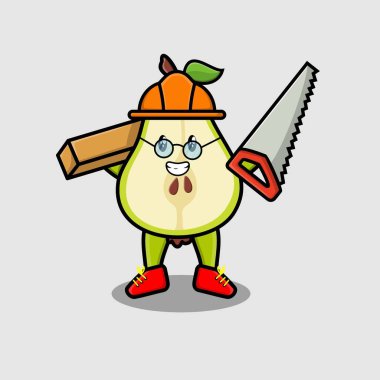 Marangoz karakteri olarak şirin armut meyvesi. Testere ve ahşap 3D modern stil tasarımı.