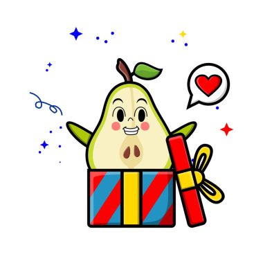 Büyük hediye kutusundan çıkan tatlı armut karikatürü karakteri konsept 3 boyutlu çizgi filmde çok mutlu görünüyor.