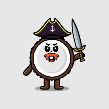 Maskot karakterli şirin bir korsan şapkalı ve kılıç tutan modern tasarım.