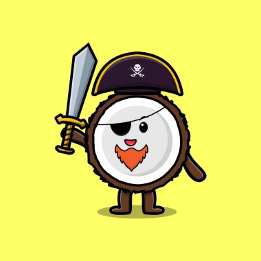Maskot karakterli şirin bir korsan şapkalı ve kılıç tutan modern tasarım.