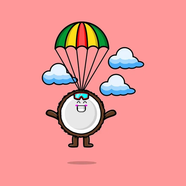 Nettes Maskottchen Cartoon Coconut Ist Fallschirmspringen Mit Fallschirm Und Glückliche — Stockvektor