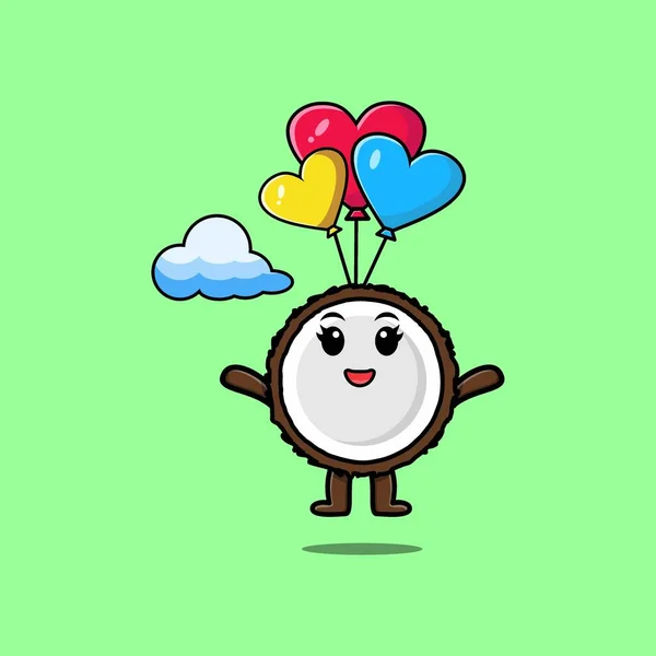 Leuke Cartoon Kokosnoot Mascotte Parachutespringen Met Ballon Gelukkig Gebaar Leuke — Stockvector
