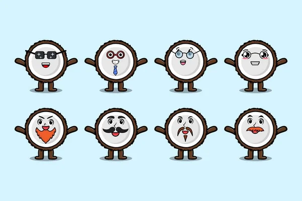 Set Kawaii Coco Personaje Dibujos Animados Con Diferentes Expresiones Ilustraciones — Vector de stock