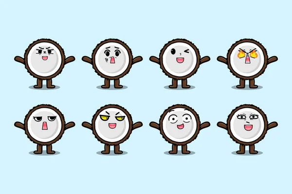 Set Kawaii Coconut Cartoon Character Different Expressions Cartoon Face Vector — Stock Vector