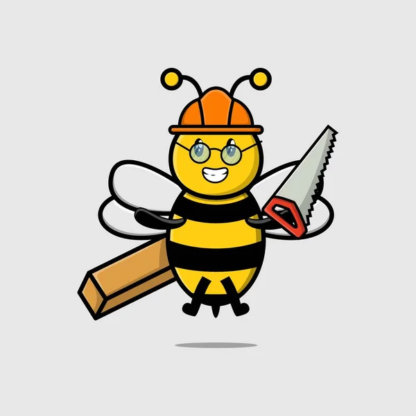 Mignon Dessin Animé Abeille Comme Charpentier Personnage Avec Scie Bois — Image vectorielle