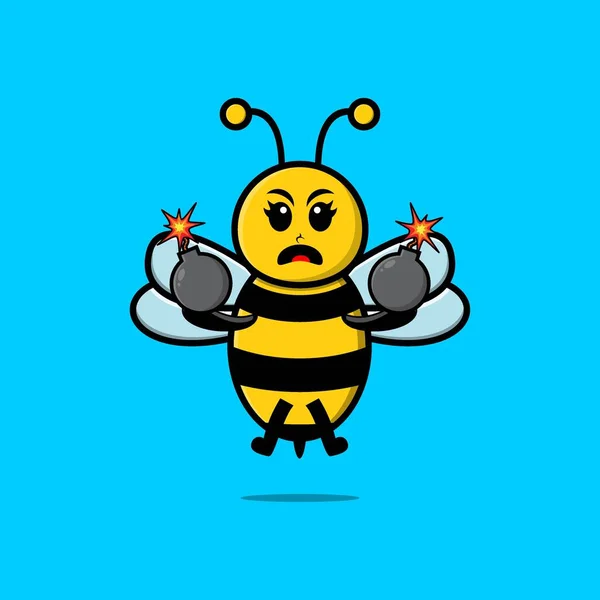 Roztomilý Karikatura Včela Drží Bombu Vyděšeným Výrazem Moderním Stylu Designu — Stockový vektor