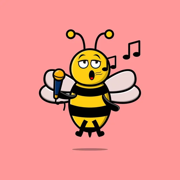 3D现代风格设计中可爱的卡通蜜蜂歌手手握话筒 — 图库矢量图片