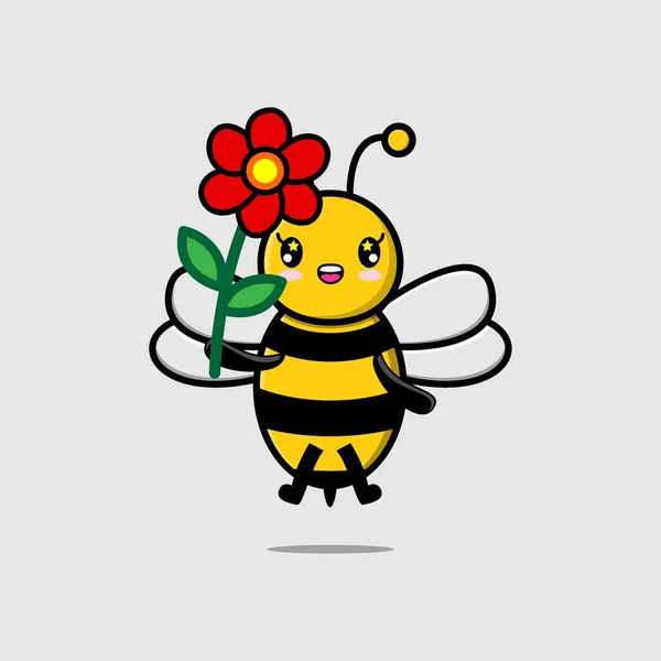 Niedliche Cartoon Biene Charakter Hält Rote Blume Konzept Cartoon Stil — Stockvektor