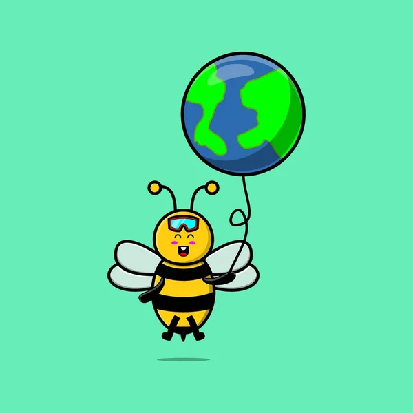 Linda Abeja Dibujos Animados Flotando Con Globo Del Mundo Ilustración — Archivo Imágenes Vectoriales