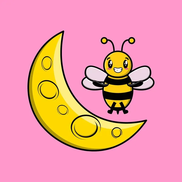 Cute Cartoon Bee Character Standing Crescent Moon Modern Design — Stock Vector