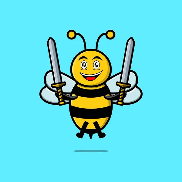 Leuke Cartoon Bee Karakter Met Twee Zwaard Modern Design — Stockvector