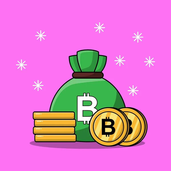 Montón Dinero Saco Dinero Verde Apilar Bitcoin Oro Aislado Dibujos — Vector de stock