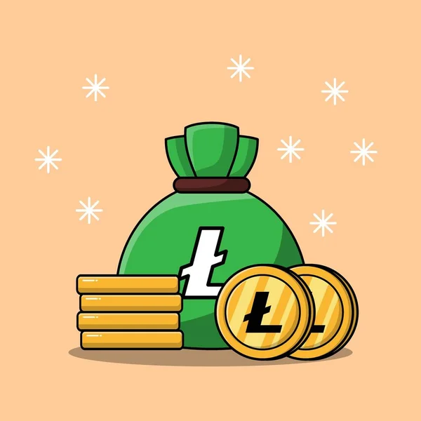 Mucho Dinero Saco Dinero Verde Apilar Monedas Oro Litecoin Dibujos — Vector de stock