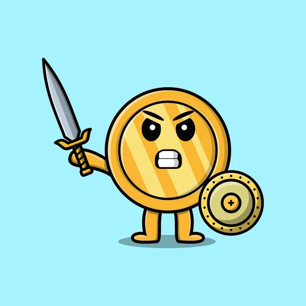 Cute Cartoon Character Gold Coin Holding Sword Shield Modern Style — стоковый вектор