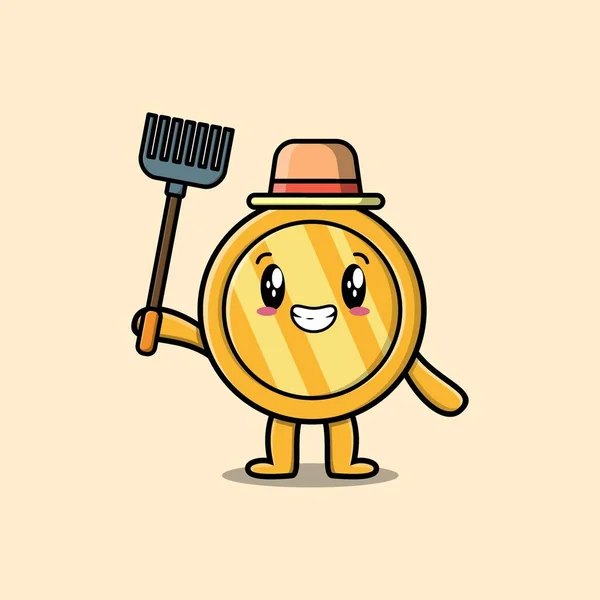 Cute Cartoon Agricultural Worker Gold Coin Pitchfork Vector Image Cute — Stock Vector