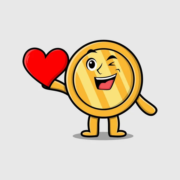 Cute Cartoon Gold Coin Character Holding Big Red Heart Modern — ストックベクタ
