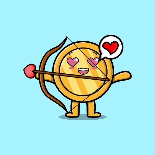 Bonito Personagem Mascote Cartoon Romântico Cupido Moeda Ouro Com Seta — Vetor de Stock