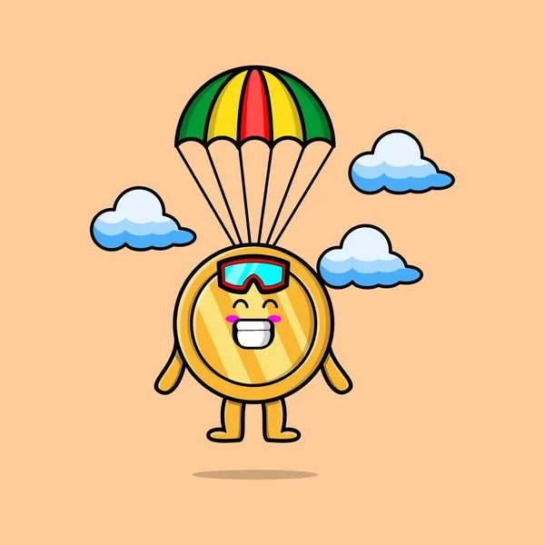 Cute Mascot Cartoon Gold Coin Skydiving Parachute Happy Gesture Cute — Stock Vector