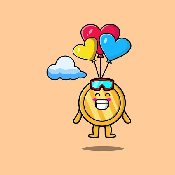Cute Cartoon Gold Coin Mascot Skydiving Balloon Happy Gesture Cute — 스톡 벡터