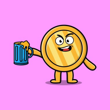 Altın sikke maskot karakteri bira bardağı ve şık tasarımı var.