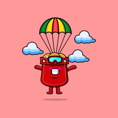 Şirin maskot çizgi filmi Pocket paraşüt ve mutlu bir jest ile paraşütle atlıyor.