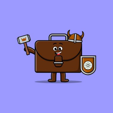 Sevimli çizgi film karakteri Bavul Viking korsanı şapkalı ve elinde çekiç ve kalkanla şirin bir tarzda