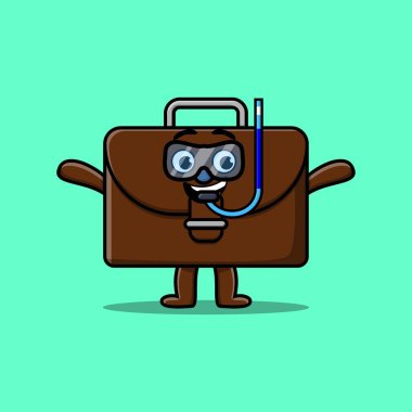 Yüzme camlı şirin bir bavul dalgıcı. 3 boyutlu modern tarz tasarım.