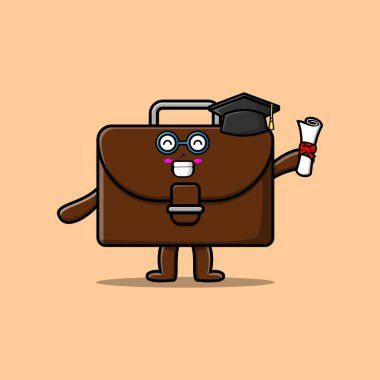 Mezuniyet gününde toga konsepti 3D karikatür tarzında sevimli bir bavul öğrencisi karakteri.