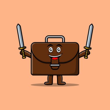 Üç boyutlu modern tasarımda iki kılıç tutan sevimli bir bavul karakteri.