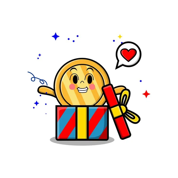 Cute Cartoon Gold Coin Character Coming Out Big Gift Box — Vetor de Stock