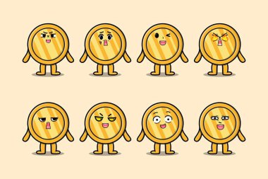 Kawaii altın sikke çizgi film karakterini farklı ifadeleri olan çizgi film yüz çizimleri ile ayarla