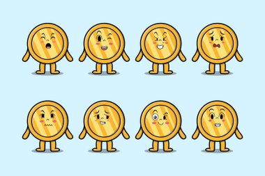 Kawaii altın sikke çizgi film karakterini farklı ifadeleri olan çizgi film yüz çizimleri ile ayarla