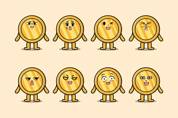 Set Kawaii Gold Coin Cartoon Character Different Expressions Cartoon Face — Stockvektor