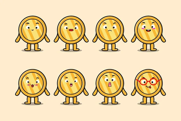 Set Kawaii Moneda Oro Personaje Dibujos Animados Con Diferentes Expresiones — Vector de stock