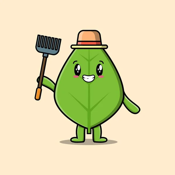 Cute Cartoon Agricultural Worker Green Leaf Pitchfork Vector Image Cute — Vector de stock