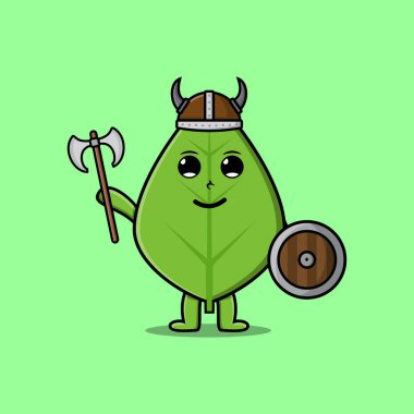 Sevimli çizgi film karakteri Yeşil Yaprak Viking korsanı şapkalı ve elinde baltayla modern tasarım kalkanı var.