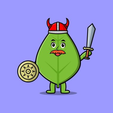 Sevimli çizgi film karakteri Yeşil yapraklı Viking korsanı şapkası ve kılıcı ve kalkanı var.